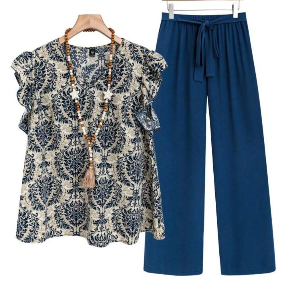 Shein Lune Size 2XL V Neck Ruffled Sleeve Top & Pants 2 Piece Set